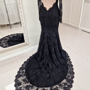 Black Lace Wedding Dress, Black Bridal Gown with Long Sleeves, Gothic Wedding Dress with Open Back, Alternative Lace Wedding Dress | VERONA image 9