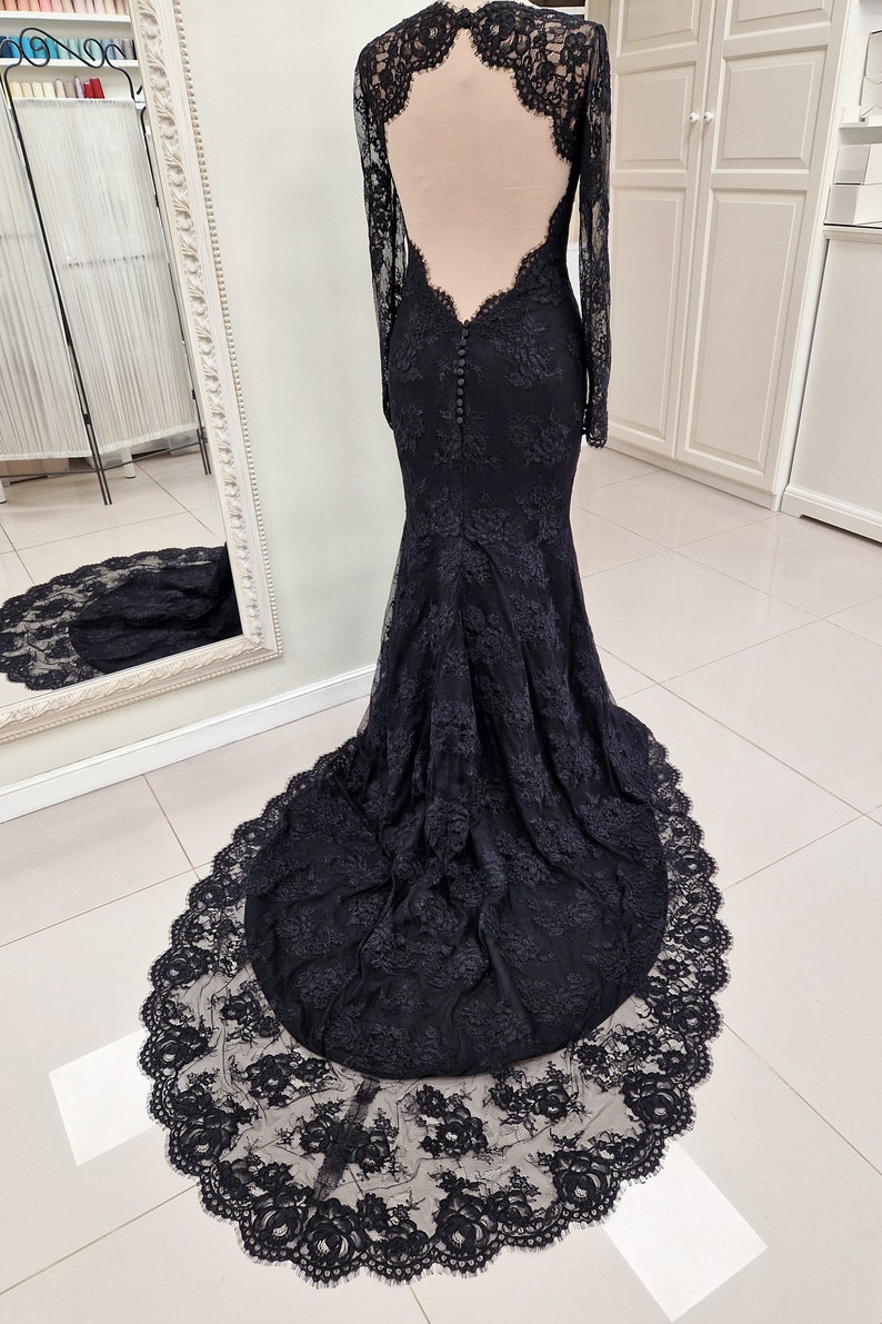 Black Lace Wedding Dress, Black Bridal Gown with Long Sleeves, Gothic Wedding Dress with Open Back, Alternative Lace Wedding Dress | VERONA image 9