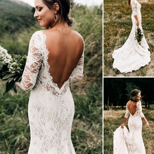 Lace Wedding Dress, Open Back Wedding Dress, Low V-back Dress, Boho Wedding Dress, Bohemian Wedding Dress, Wedding Dress with Sleeves image 4