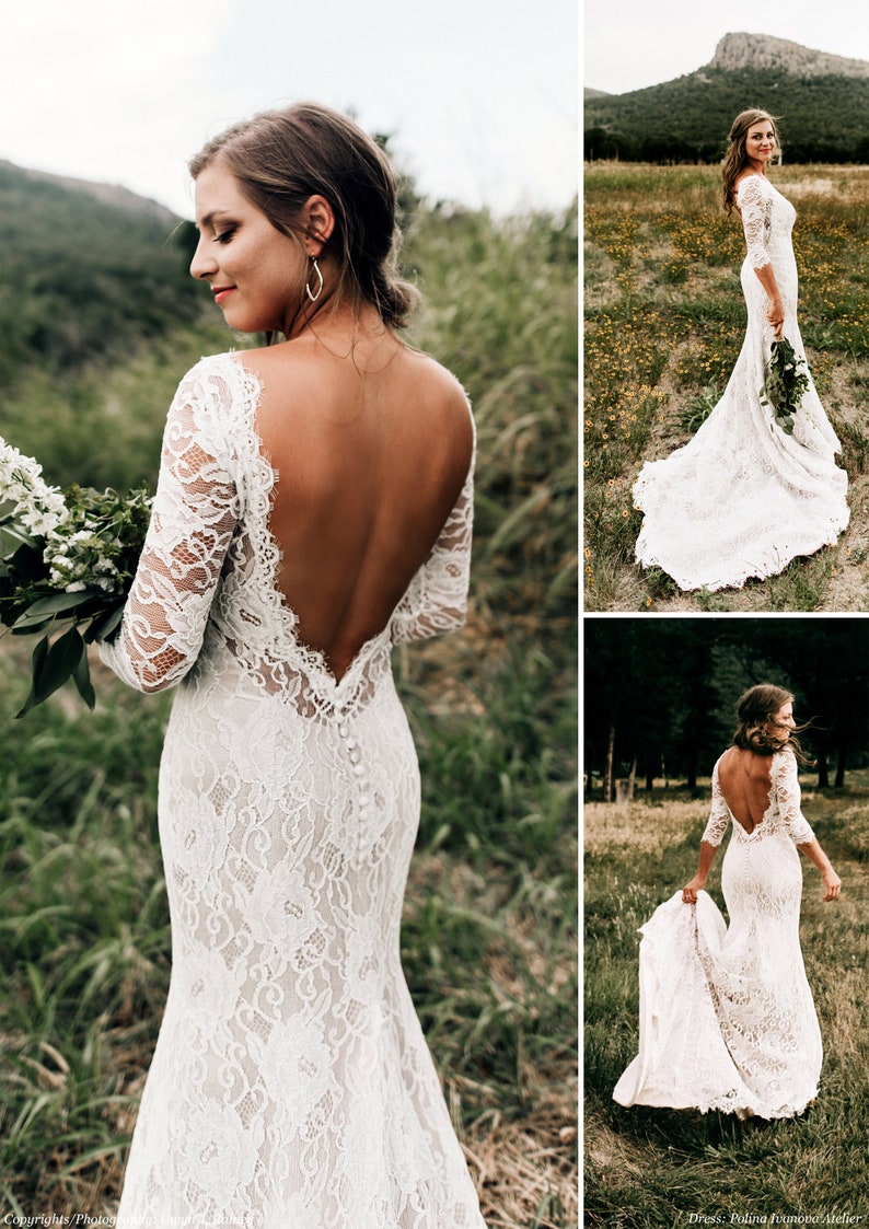 Lace Wedding Dress, Open Back Wedding Dress, Low V-back Dress, Boho Wedding Dress, Bohemian Wedding Dress, Wedding Dress with Sleeves image 4