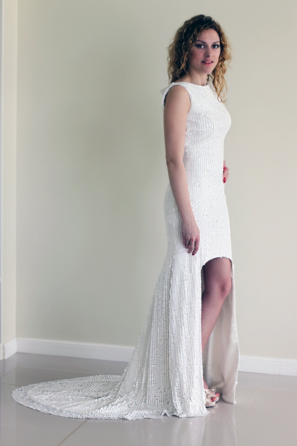 White sequin store wedding gown