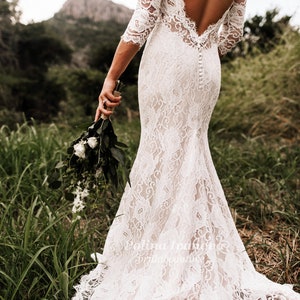 Lace Wedding Dress, Boho Wedding Dress, Bohemian Wedding Dress, Open Back Wedding Dress with Long Sleeves, Ready to Ship Wedding Dress