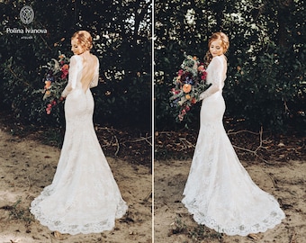Lace Wedding Dress, Long Sleeve Wedding Dress, Boho Wedding Dress, Lace Wedding Gown, V-back Wedding Dress