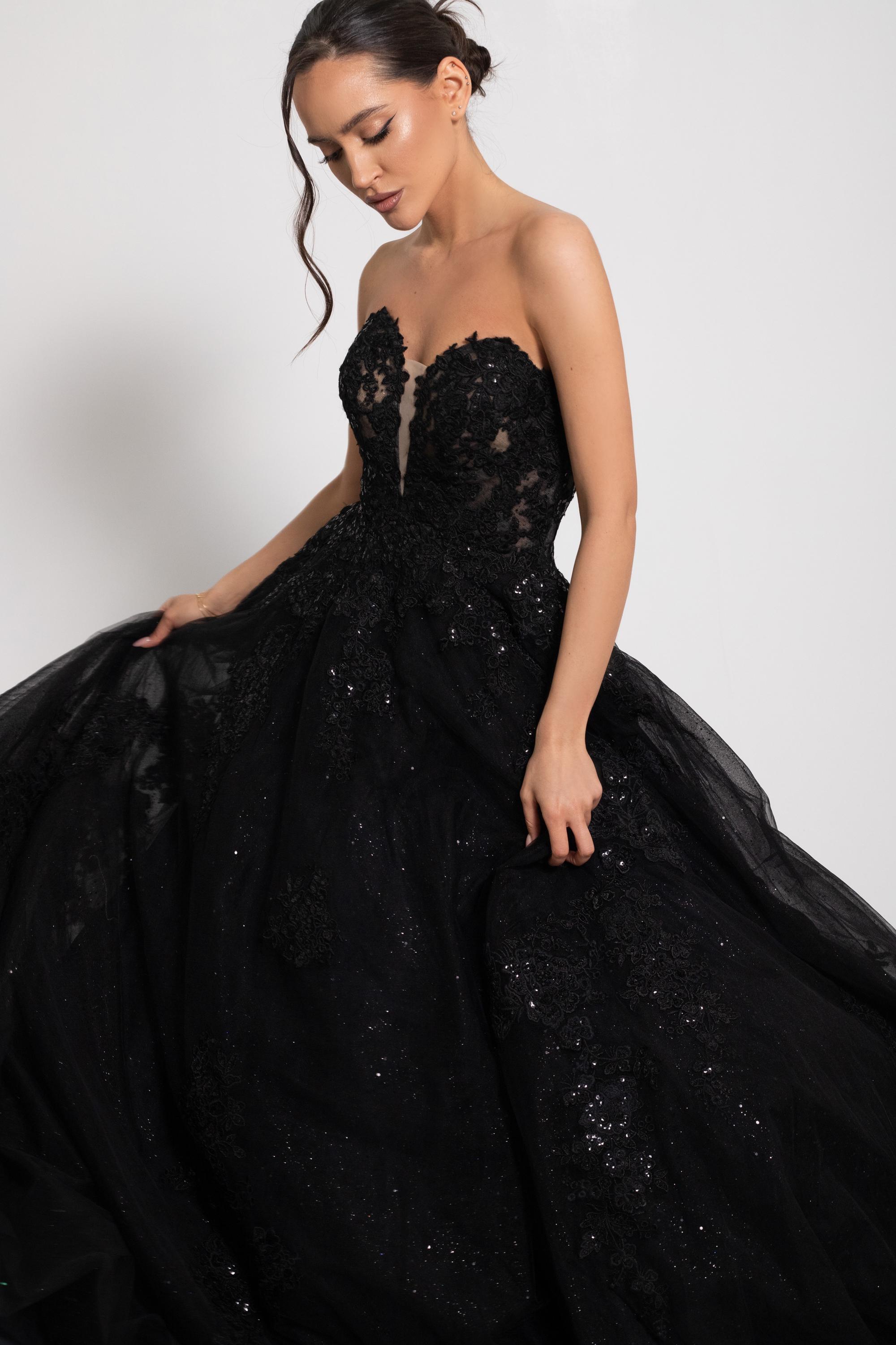Black Wedding Dress, Alternative Wedding Dress, Black Ball Gown A-line Strapless Off-shoulder Sparkly Lace Wedding Dress | RAVENA