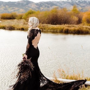Black Lace Wedding Dress, Black Bridal Gown with Long Sleeves, Gothic Wedding Dress with Open Back, Alternative Lace Wedding Dress | VERONA image 4