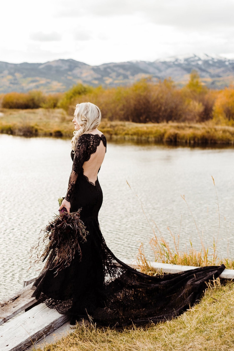 Black Lace Wedding Dress, Black Bridal Gown with Long Sleeves, Gothic Wedding Dress with Open Back, Alternative Lace Wedding Dress | VERONA image 4