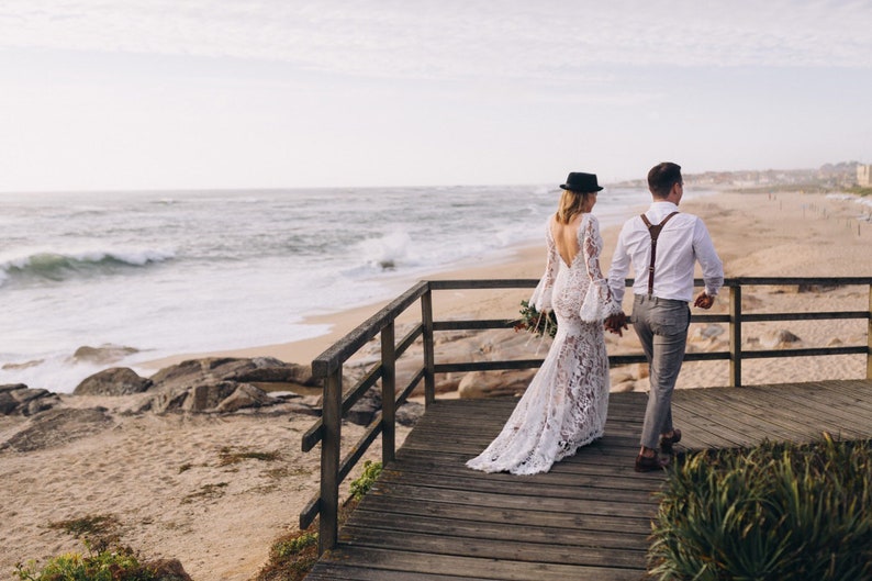 Boho Wedding Dress, Bell Sleeves Wedding Dress, Bohemian Wedding Dress, Long Sleeve Wedding Dress, Lace Wedding Dress, Custom Wedding Dress image 6