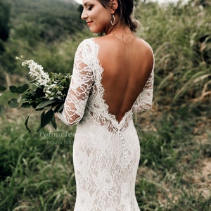 Lace Wedding Dress, Open Back Wedding Dress, Low V-back Dress, Boho Wedding Dress, Bohemian Wedding Dress, Wedding Dress with Sleeves image 7