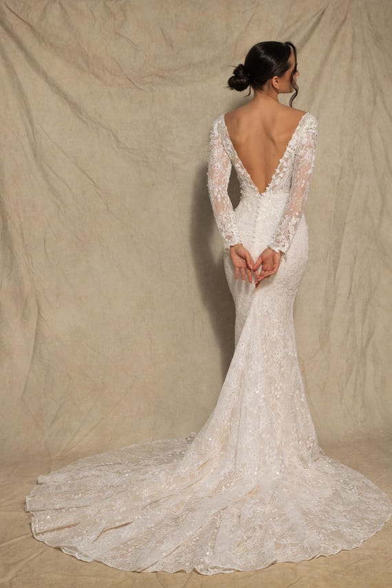 chinese dress ladies Long Sleeves Mermaid One Shoulder Satin Open Back Appliques Lace Weddi main image 1