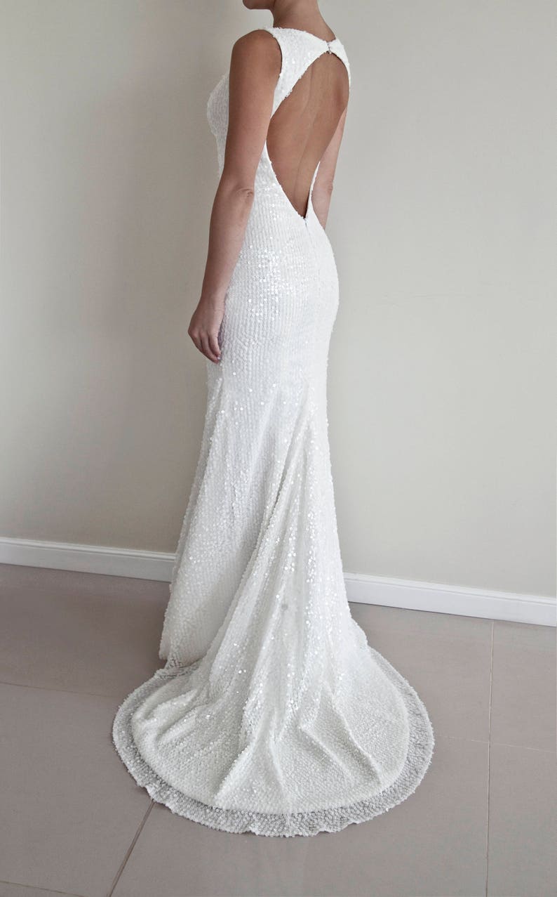 Sequin Wedding Dress, White Sequin Dress, High-Low Hem Wedding Dress, Long Sequin Dress, Open Back Wedding Dress 