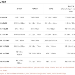 May include: Size chart for clothing with measurements in inches and centimeters. The chart includes sizes for bust, waist, hips, and biceps.