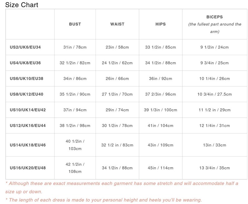 May include: Size chart for clothing with measurements in inches and centimeters. The chart includes sizes for bust, waist, hips, and biceps.