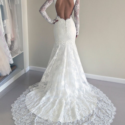Buy Lace Wedding Dress Long Sleeve Wedding Dress Mermaid Wedding Dress Open Back Lace Dress Backless Wedding Dress Lace Wedding Gown Online in India Etsy