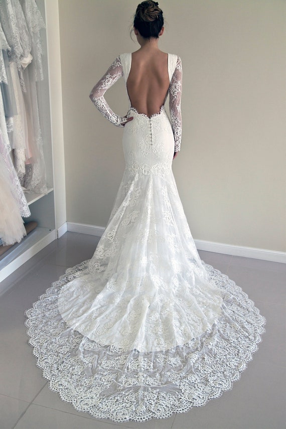 Lace Wedding Dress, Long Sleeve Wedding Dress, Mermaid Wedding Dress, Open Back  Lace Dress, Backless Wedding Dress, Lace Wedding Gown 