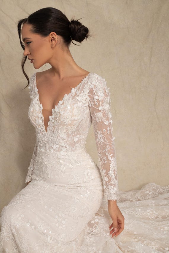 Lace Wedding Dress With Long Sleeves, Lace Bridal Gown, Beaded