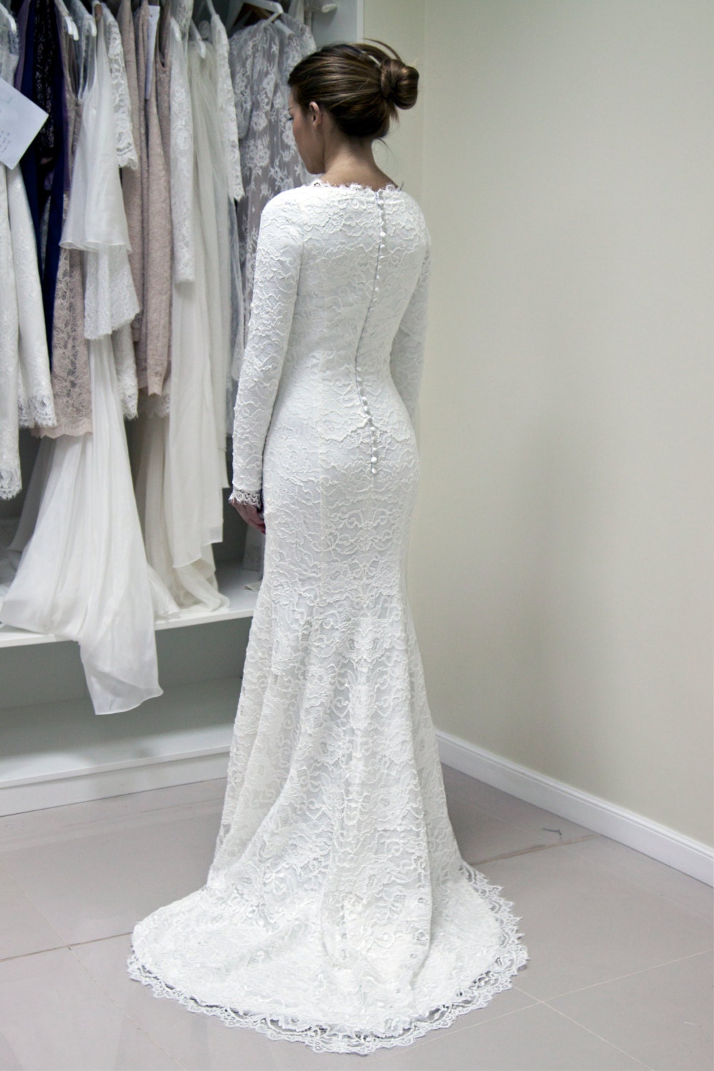 French Lace Wedding Gown with Lined Sleeves and Scalloped