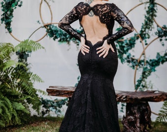 Black Wedding Dress, Gothic Wedding Dress, Black Lace Wedding Dress, Alternative Wedding Gown, Long Sleeve Black Lace Dress | VERONA