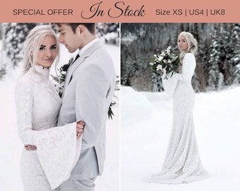 IN STOCK Size XS, Winter Wedding Dress, Turtle Wedding Dress, Modest Wedding Dress, Lace Wedding Dress, Long Sleeve Wedding Dress