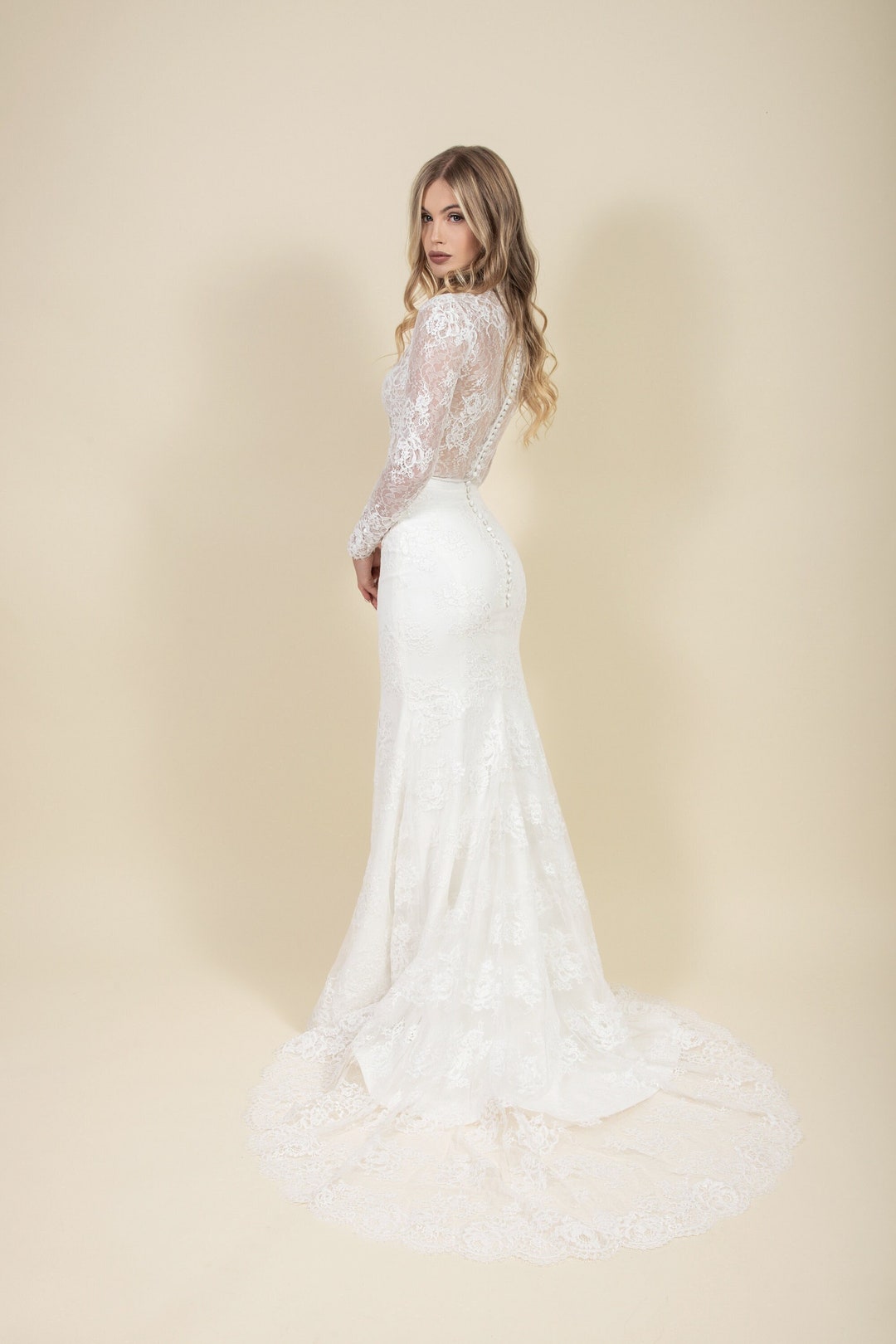 Lace Bridal Bodysuit, Lace Wedding Bodysuit With Long Sleeves Turtleneck,  Lace Wedding Skirt Fit and Flare, Two Piece Wedding Dress