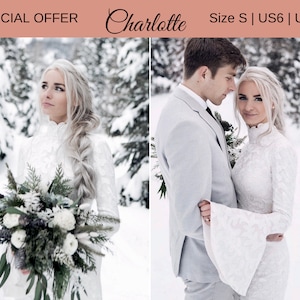 High neck wedding dress IN STOCK Size S, Winter Wedding Dress, Bell Sleeve Wedding Dress, Modest Wedding Dress, Long Sleeve Bridal Gown