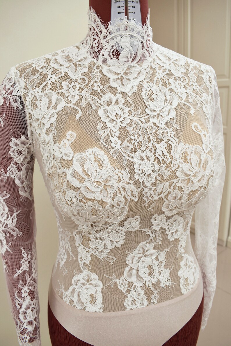 Long Sleeves Bridal Bodysuit with French Lace / 