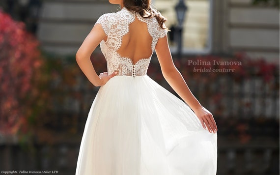 Flowy A-line Wedding Dress, Silk Chiffon Wedding Dress, Open Back