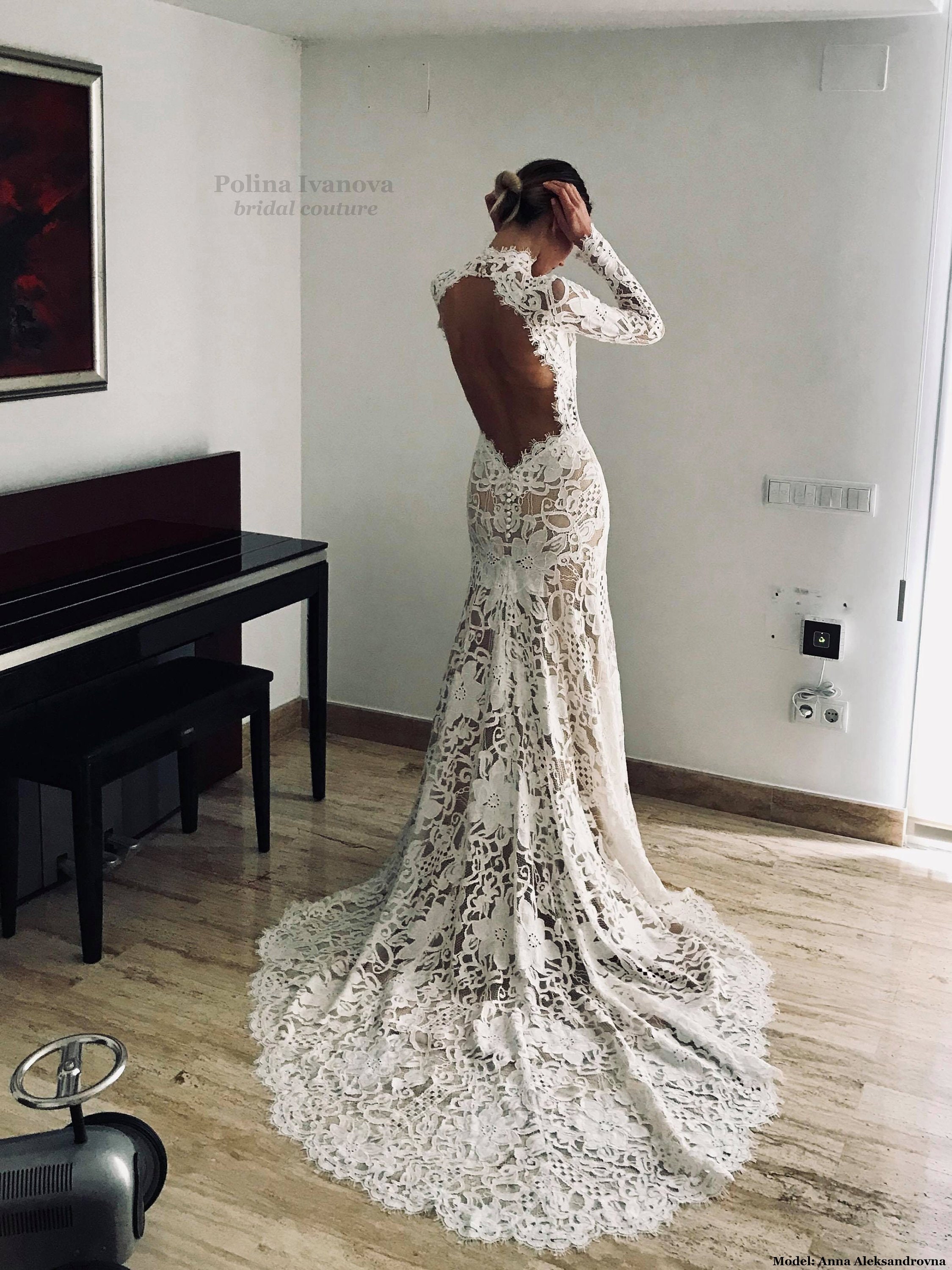 Chic A-line Long Sleeve Lace See Through Wedding Dress Backless Countr –  Bohogown