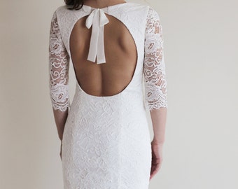 Short Wedding Dress with Open Back, Short Lace Dress, White Lace Dress, French Lace Dress, Reception Dress, Sleeved Wedding Dress