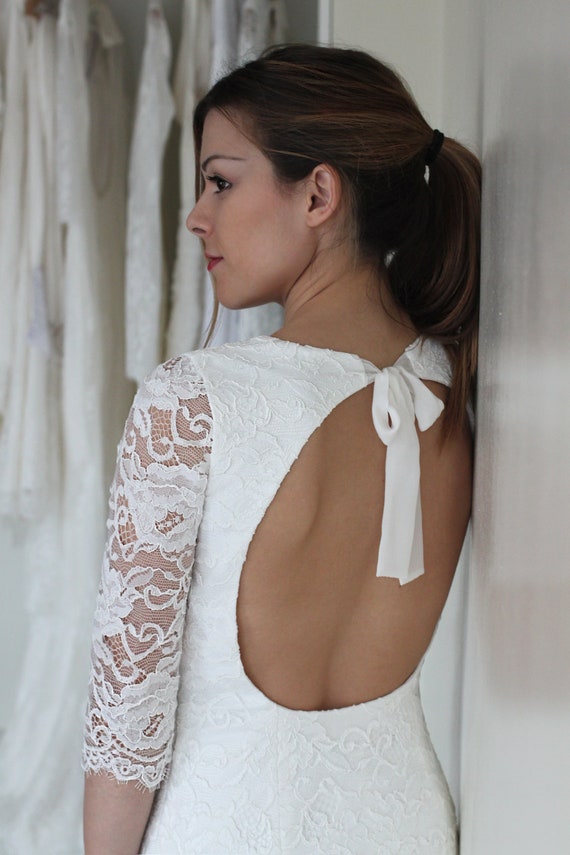 Lace Wedding Dress, Low Open Back Wedding Dress, Low Plunging