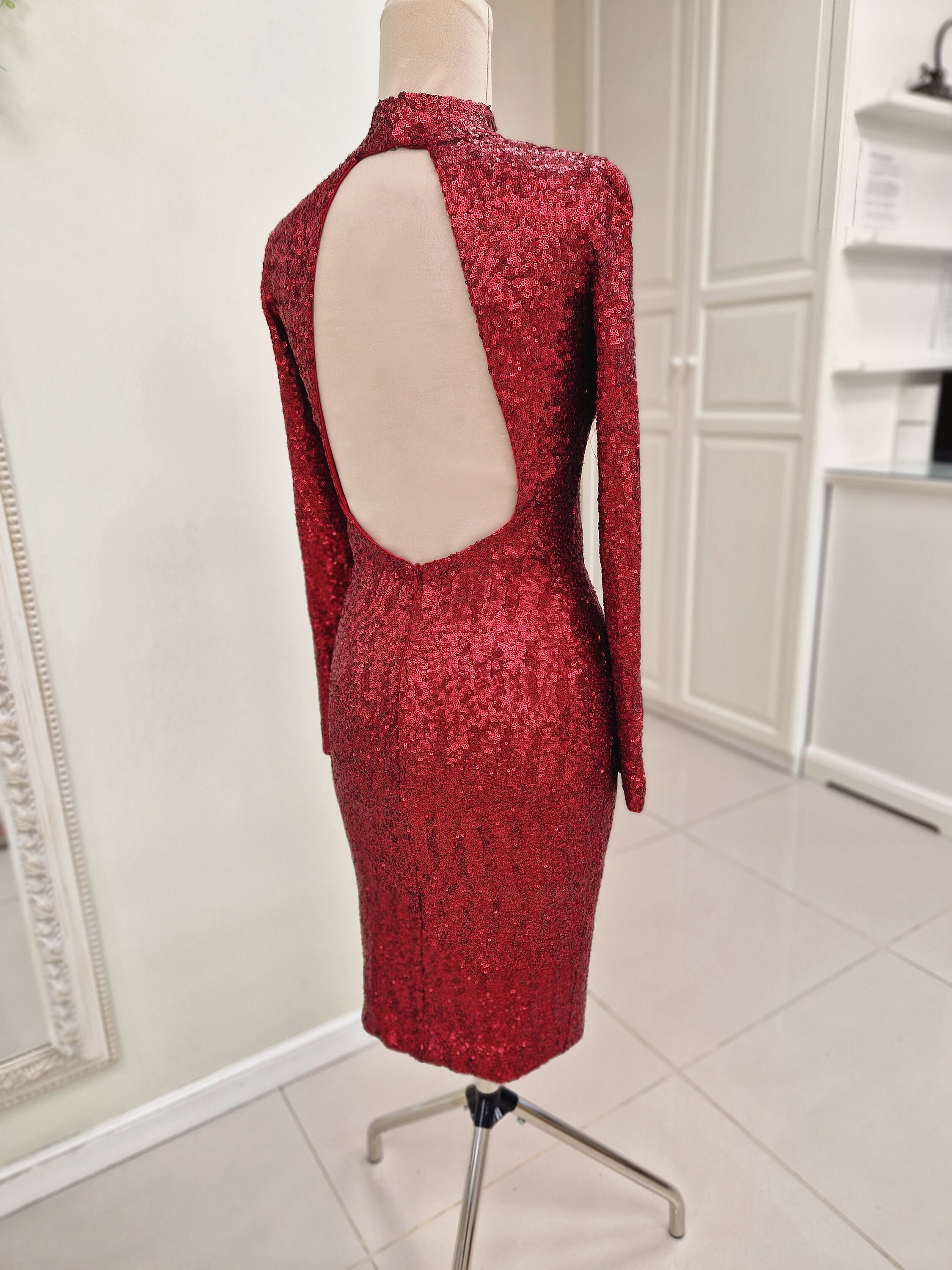 Red Sequin Dress, IN STOCK size XS, Cocktail Red Sequin Dress with Long Sleeves, Turtleneck and Open Back, Pencil Dress with Long Sleeves Red Sequin Dress, IN STOCK size XS, Cocktail Red Sequin Dress with Long Sleeves, Turtleneck and Open Back, Pencil Dress with Long Sleeves