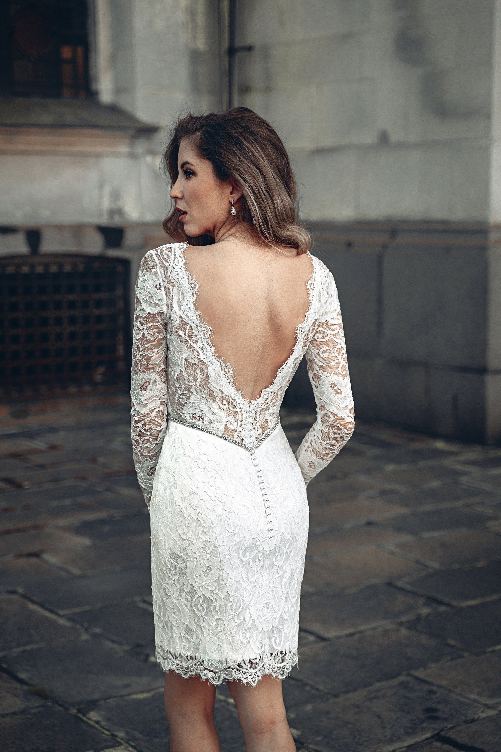 Short Wedding Dress With Sleeves, Reception Dress, French Lace
