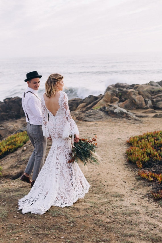 Boho Wedding Dress, Bell Sleeves Wedding Dress, Bohemian Wedding Dress, Long Sleeve Wedding Dress, Lace Wedding Dress, Custom Wedding Dress