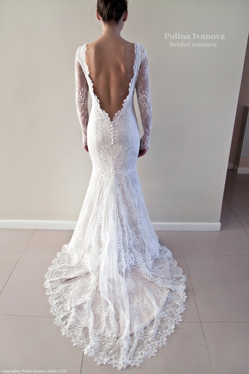 Long Sleeve Champagne Lace Wedding Dress