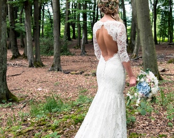 Lace Wedding Dress, Low Open Back Wedding Dress, Low Plunging Neckline Wedding Dress, Long Sleeve Lace Wedding Dress, Lace Wedding Gown