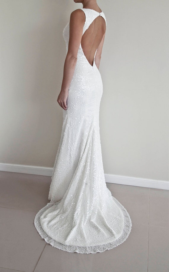 White sequin store wedding gown