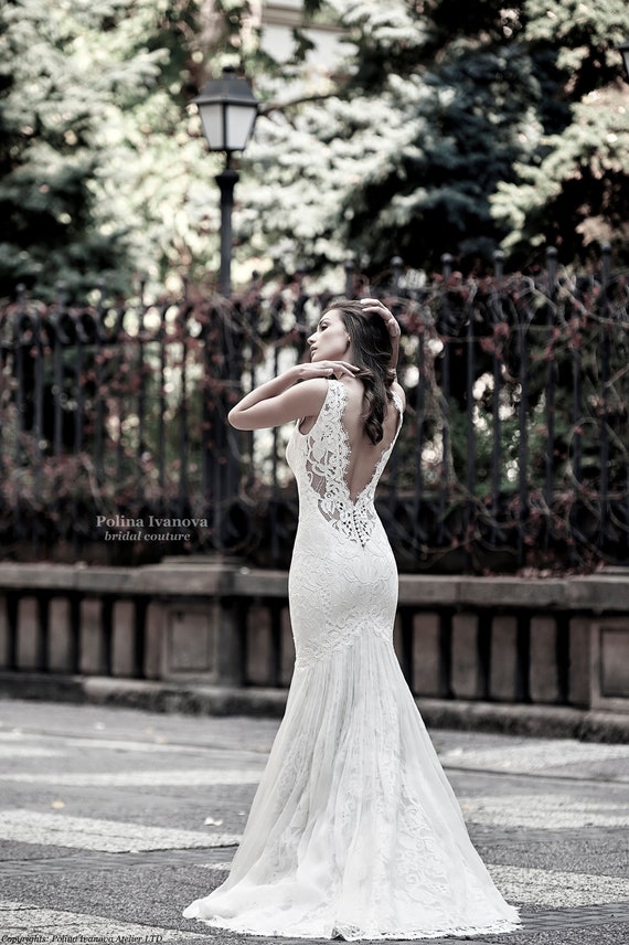 Backless Wedding Dress Boho Wedding Lace Wedding Gown Etsy