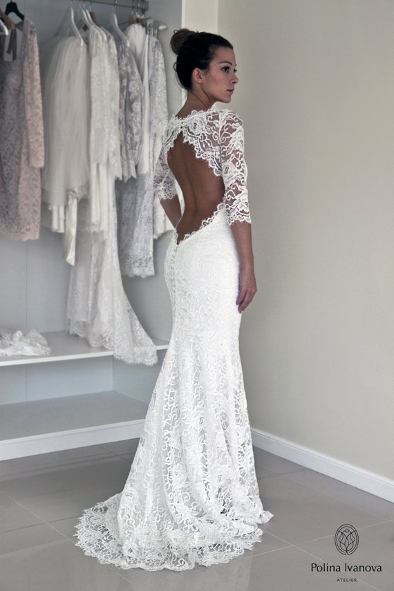 Lace Wedding Dress, Low Open Back Wedding Dress, Low Plunging Neckline  Wedding Dress, Long Sleeve Lace Wedding Dress, Lace Wedding Gown 