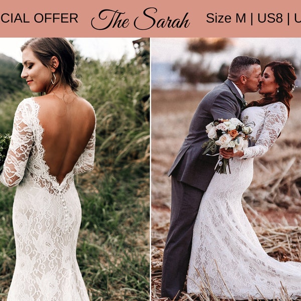 EN STOCK taille M, robe de mariée en dentelle, robe de mariée dos ouvert, robe de mariée dos bas, robe de mariée Boho, robe de mariée à manches longues