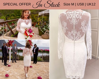 IN STOCK size M, Short Wedding Dress, Knee Wedding Dress, Short Lace Weddisng Dress, Reception Dress, Elopement Dress, Long Sleeves