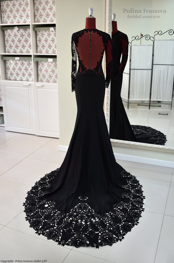 black wedding dress lace sleeves