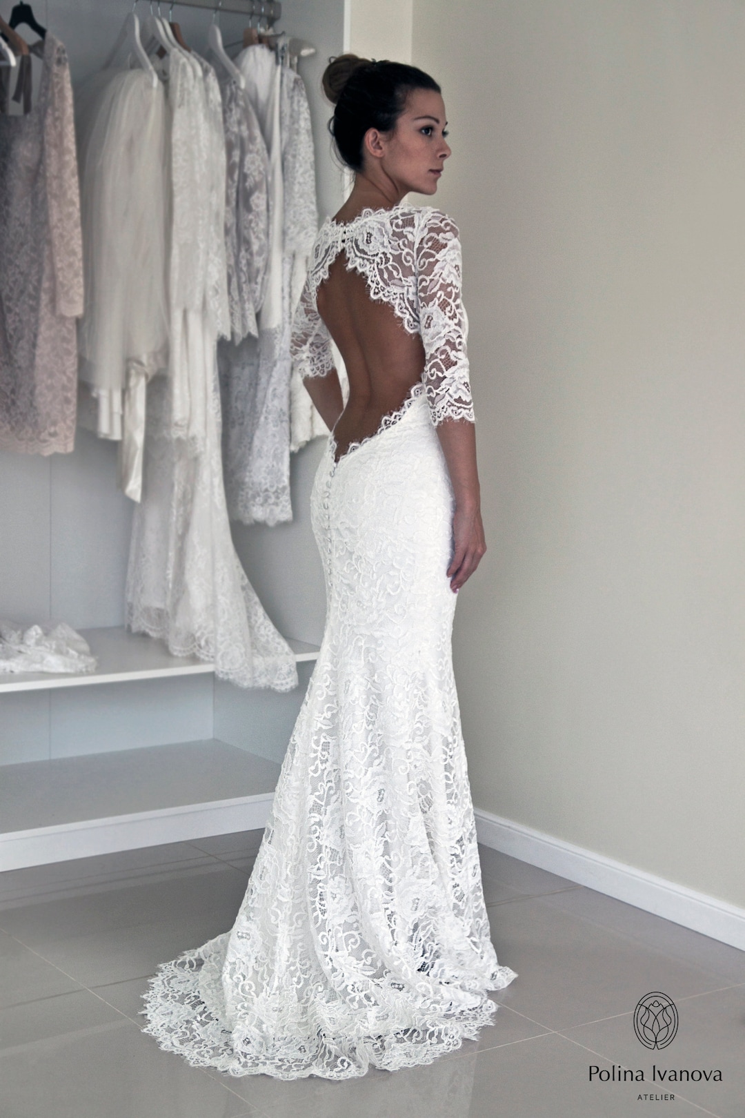 Lace Wedding Dress with Long Sleeves, Open Back Wedding Dress, Lace Elopement Wedding Dress, Lace Bridal Gown | VERONA in French Lace