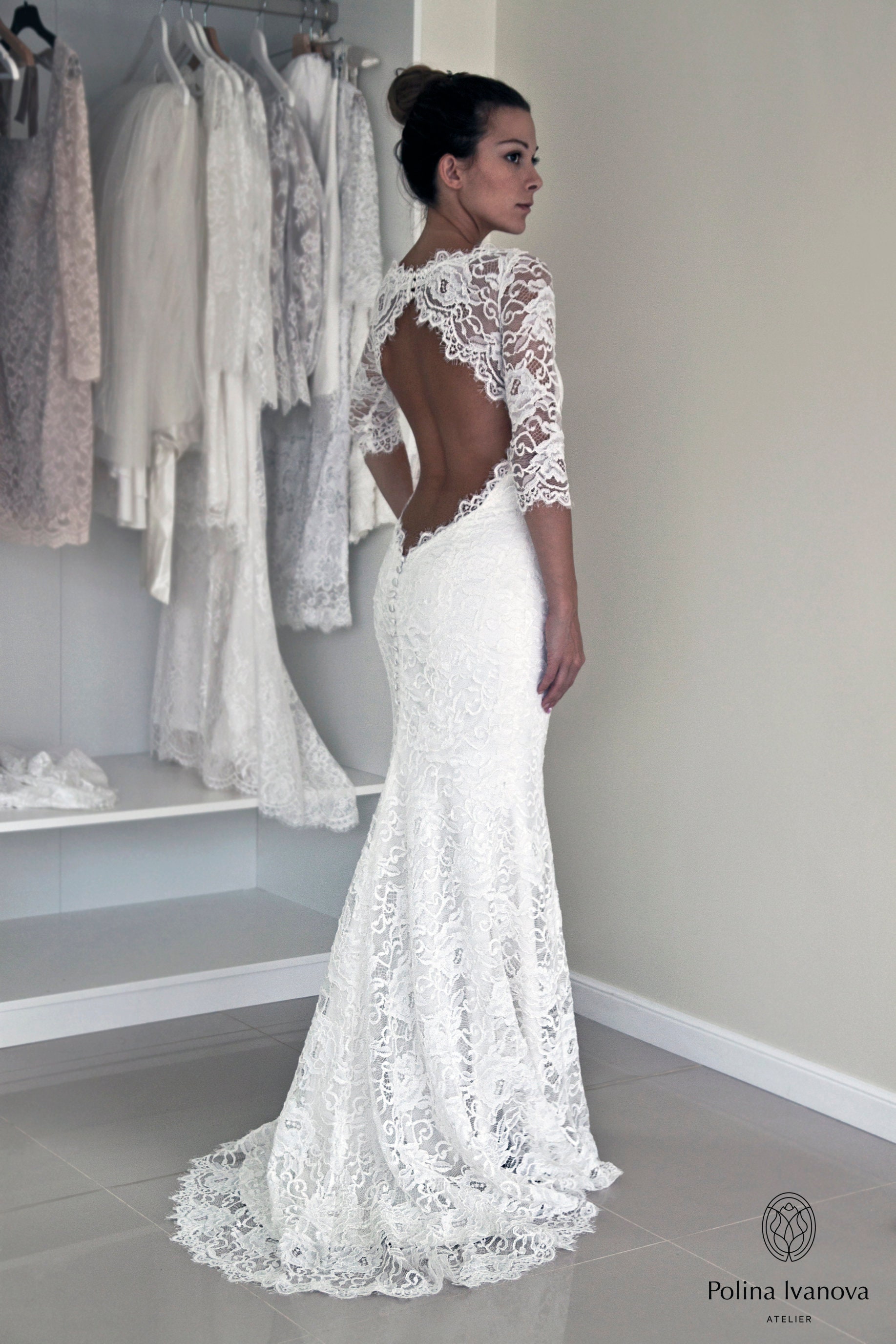 Lace Wedding Dress with Long Sleeves, Open Back Wedding Dress, Lace Elopement Wedding Dress, Lace Bridal Gown | VERONA in French Lace