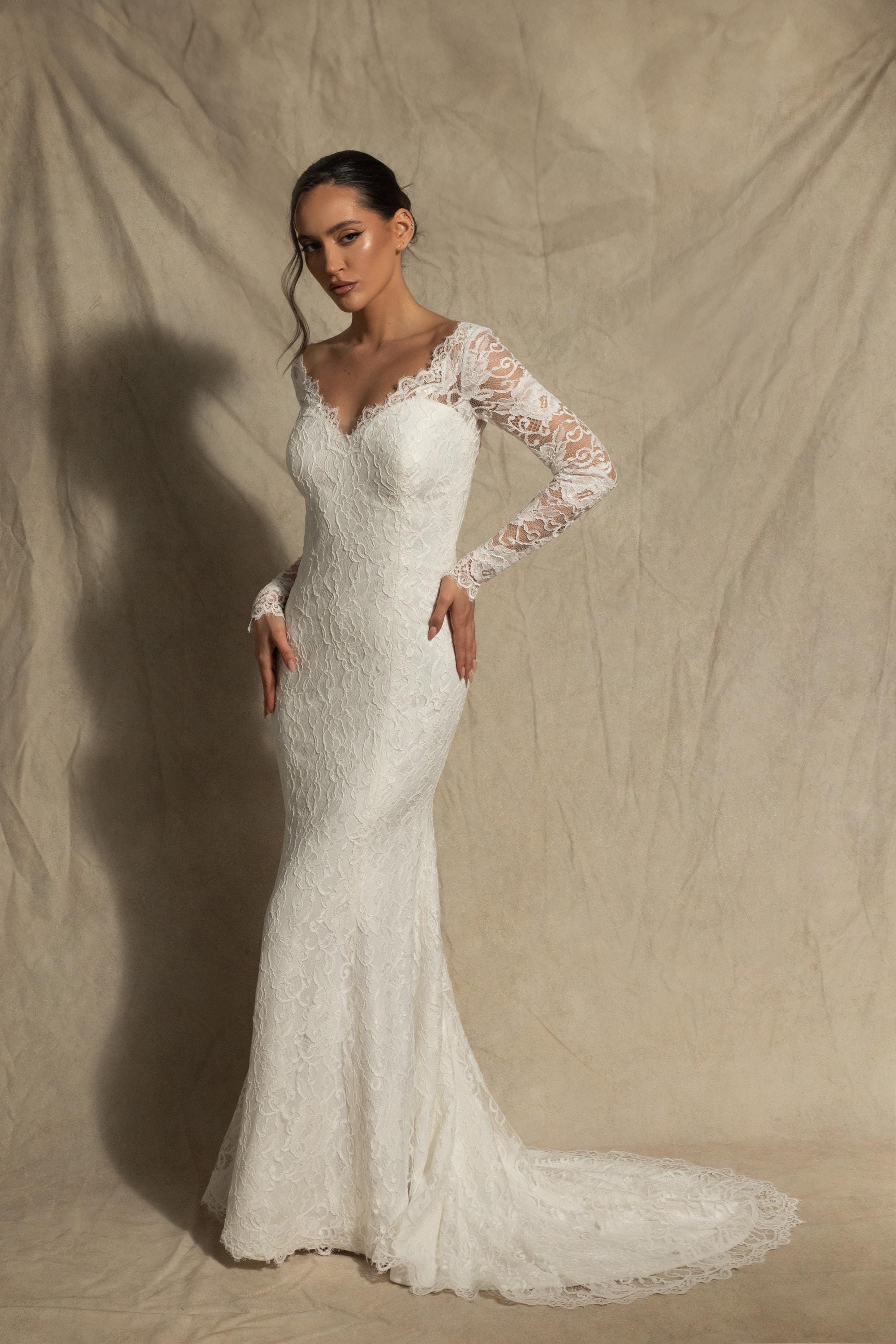 lace long sleeve floor length dress Long Sleeve Lace V Neck Boho Wedding Dress I Love that Boho main image 0