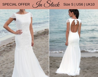 Beach Lace Wedding Dress | In Stock Size S/US6 | Lace Wedding Dress, Beach Bridal Gown with Open Back and Cap Sleeves