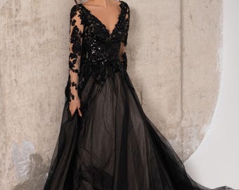Black Wedding Dress, Black Sparkly Beaded Wedding Dress with A-line Silhouette Long Sleeves and Open Back, Gothic Wedding Dress | ESTELLA