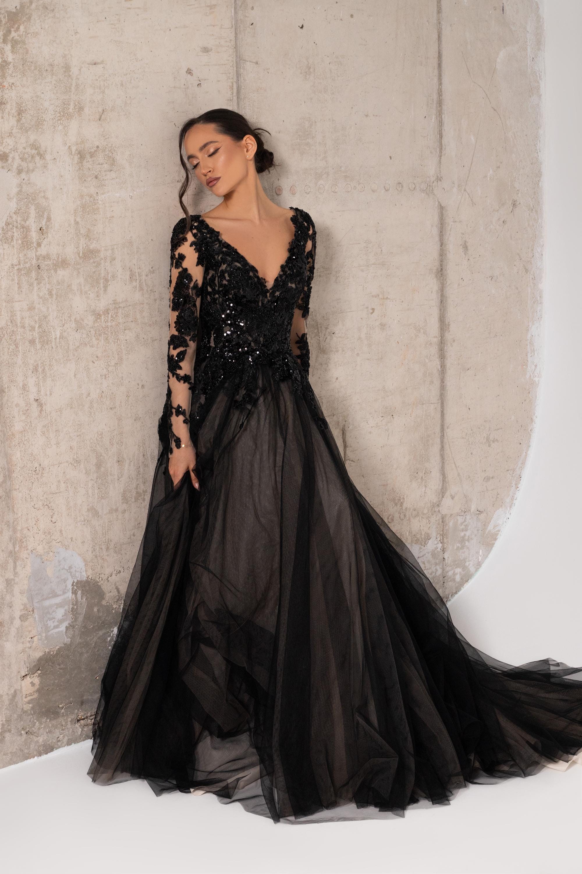 Black Wedding Dress, Black Sparkly Beaded Wedding Dress with A-line Silhouette Long Sleeves and Open Back, Gothic Wedding Dress | ESTELLA