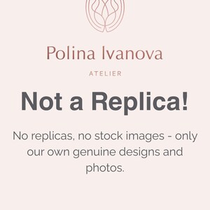 May include: A light pink informational graphic featuring a stylized line-art tulip logo above the text Polina Ivanova ATELIER. Below this, the text reads Not a Replica! followed by the statement: No replicas, no stock images - only our own genuine designs and photos.