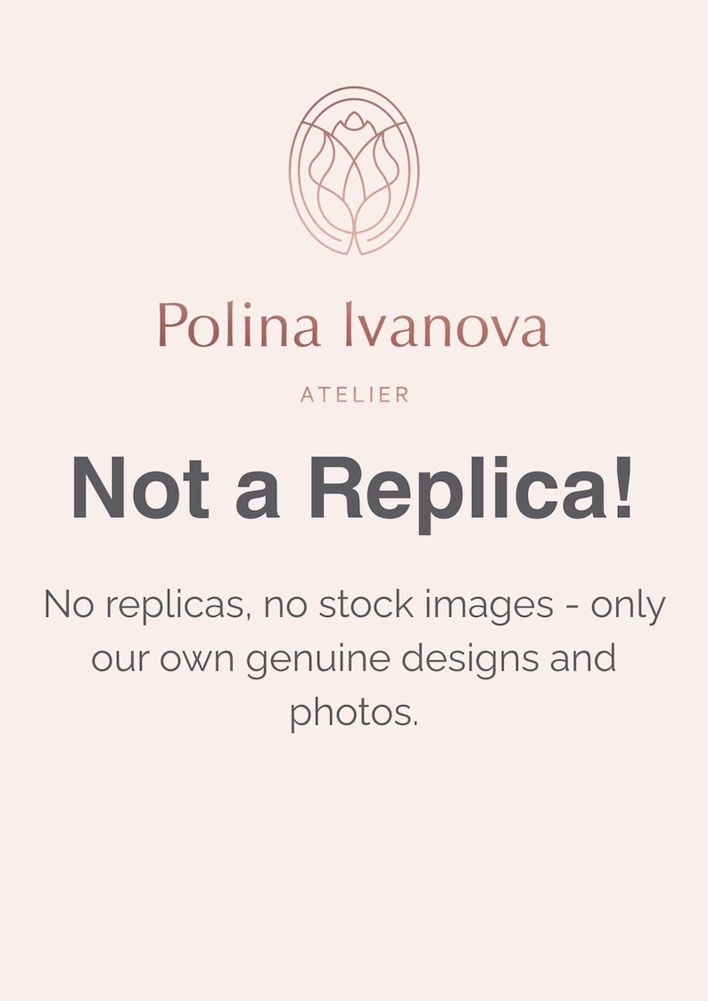 May include: A light pink informational graphic featuring a stylized line-art tulip logo above the text Polina Ivanova ATELIER. Below this, the text reads Not a Replica! followed by the statement: No replicas, no stock images - only our own genuine designs and photos.