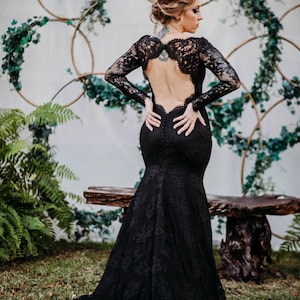 Black Lace Wedding Dress, Black Bridal Gown with Long Sleeves, Gothic Wedding Dress with Open Back, Alternative Lace Wedding Dress | VERONA image 3