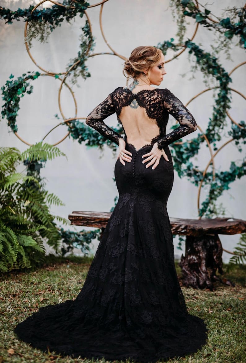 Black Lace Wedding Dress, Black Bridal Gown with Long Sleeves, Gothic Wedding Dress with Open Back, Alternative Lace Wedding Dress | VERONA image 3